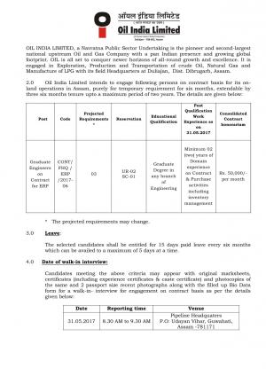 Oil India Limited Recruitment 2017 for 03 Engineer Posts