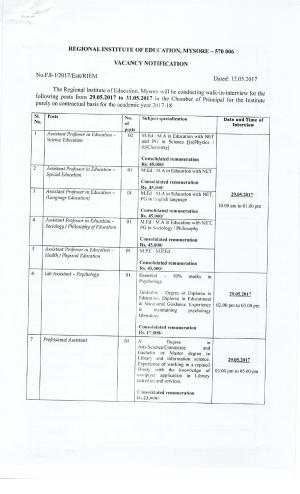 Regional Institute of Education Mysore Recruitment 2017, 24 Assistant Professor and Other Posts