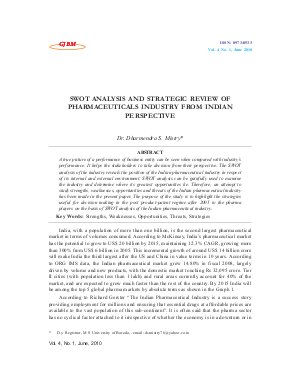 SWOT ANALYSIS AND STRATEGIC REVIEW OF PHARMACEUTICALS INDUSTRY FROM INDIAN PERSPECTIVE by Dr. Dharmendra S. Mistry