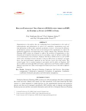ROLE OF EMPLOYEES’ SELF SERVICE (ESS) SYSTEM THROUGH ERP: AN EMPIRICAL STUDY OF OMC IN INDIA by Prof. Ratikanta Biswal, Prof. Kalpana Sahoo and Prof. Hirapunyatirtha Swain