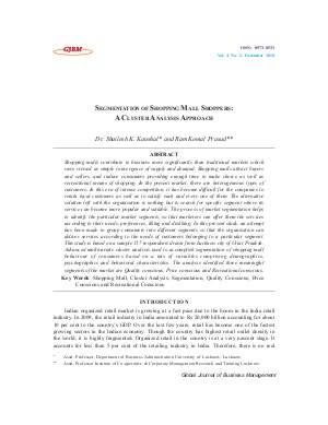 SEGMENTATION OF SHOPPING MALL SHOPPERS: A CLUSTER ANALYSIS APPROACH by Dr. Shailesh K. Kaushal and Ram Komal Prasad