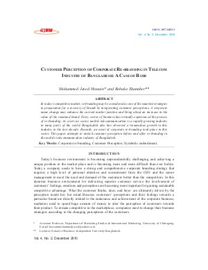 CUSTOMER PERCEPTION OF CORPORATE RE-BRANDING IN TELECOM INDUSTRY OF BANGLADESH: A CASE OF ROBI by Mohammed Javed Hossain and Robaka Shamsher