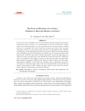 THE STATE OF MICROFINANCE IN INDIA: EMERGENCE, DELIVERY MODELS AND ISSUES by Dr. Sumanjeet and Vikas Batra