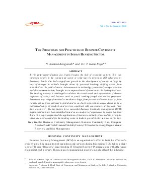 THE PRINCIPLES AND PRACTICES OF BUSINESS CONTINUITY MANAGEMENT IN INDIAN BANKING SECTOR by N. Santosh Ranganath* and Dr. T. Kama Raju