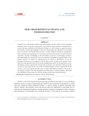 SKILL REQUIREMENT IN TRAVEL AND TOURISM INDUSTRY by T. Subash