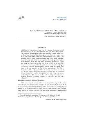 STUDY OF IDENTITY AND WELL BEING AMONG ADOLESCENTS by Alka and Nov Rattan Sharma