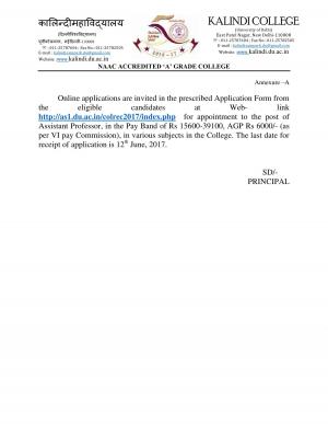 Kalindi College Recruitment 2017 for 69 Assistant Professor Posts