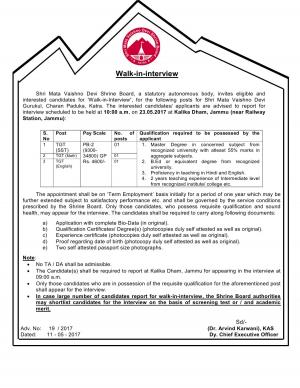 Shri Mata Vaishno Devi Shrine Board Recruitment 2017 for 03 Posts of Trained Graduate Teachers
