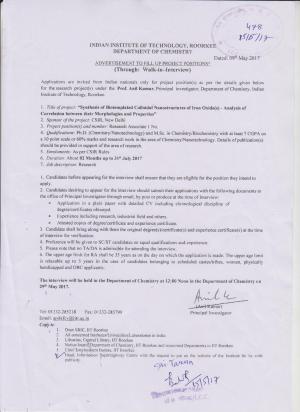 IIT, Roorkee Recruitment 2017 for 01 Research Associate Posts
