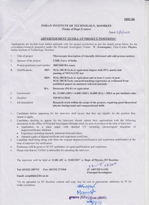 IIT Roorkee Recruitment 2017 for 03 SRF, JRF, RA Posts