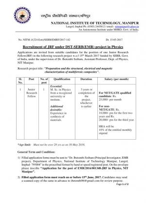 NIT, Manipur Recruitment 2017 for 01 JRF Post
