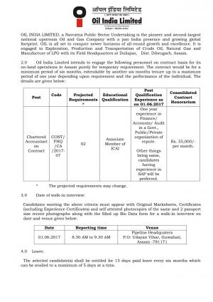 Oil India Limited Recruitment 2017 for 02 Chartered Accountant Posts