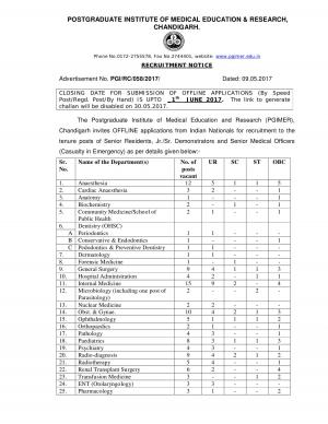 PGIMER, Chandigarh Recruitment 2017 for 138 Posts of Senior Residents, Demonstrator & Others