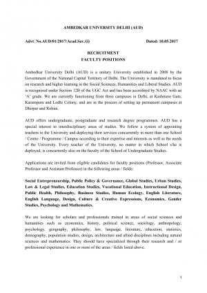 Ambedkar University, Delhi Recruitment 2017 for 75 Posts of Assistant Professors