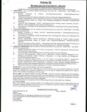 BU, Jhansi Recruitment 2017 for 20 Posts of Assistant Professor, Professor & Others