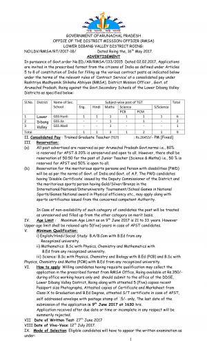 District Mission Officer (RMSA) Arunachal Pradesh Recruitment 2017 for 09 TGT Posts