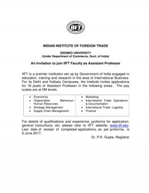 Indian Institute of Foreign Trade (IIFT) Recruitment 2017 for 16 Assistant Professor Posts