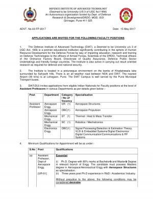 DIAT Recruitment 2017 for 05 Assistant Professor Posts