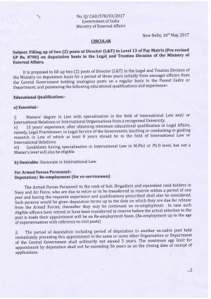 Ministry of External Affairs Recruitment 2017 for 02 Posts of Directors (L&T)