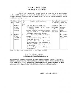 Mumbai Port Trust Recruitment 2017 for 3 Medical Officer Post