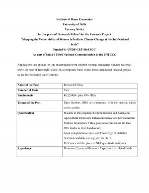 Institute of Home Economics, University of Delhi Recruitment 2017 for 02 Research Fellow Posts