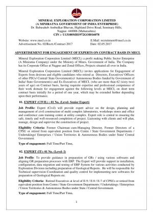 MECL Recruitment 2017 for 14 Expert Posts