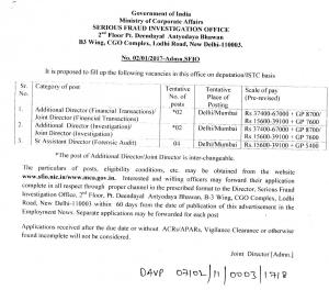 SFIO, Ministry of Corporate Affairs Recruitment 2017 for 08 Additional Director Posts