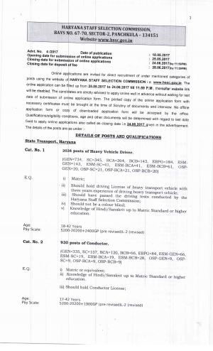 HSSC, Panchkula Recruitment 2017 for 2968 Posts of Conductors & Heavy Vehicle Drivers