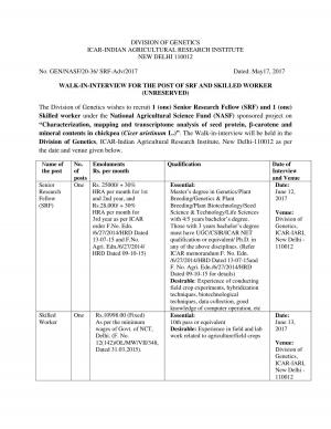 ICARI-IARI Recruitment 2017 for 02 SRF and Skilled worker Posts