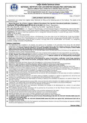 NILD Recruitment 2017 for 02 Lecturer (Physiotherapy) Post