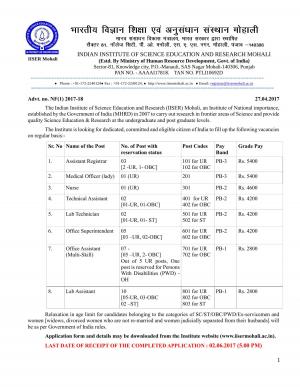 IISER, Mohali Recruitment 2017 for 31 Posts of Lab Assistants, Nurses & Others