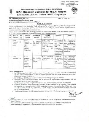 ICAR Recruitment 2017 for 03 JRF and Field Assistant Posts