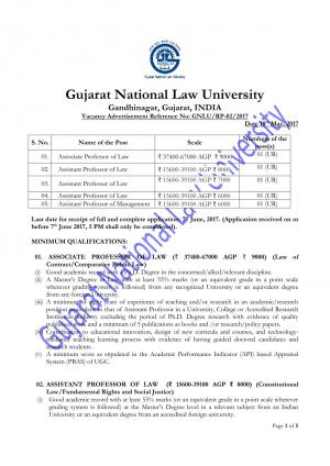 GNLU Recruitment 2017 for 05 Posts of Assistant Professors in Law and Management