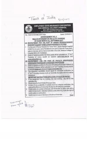ESIC, Medical College & Hospital, Haryana Recruitment 2017 for Senior Resident & Faculty Posts