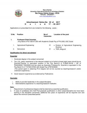 SKUAST Kashmir Recruitment 2017 for 02 Agricultural Engineering & Sericulture Posts