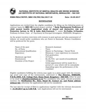 NIMHANS Recruitment 2017 for 03 Research Assistant Posts
