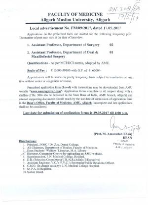 Aligarh Muslim University, Faculty of Medicine Recruitment 2017 for 03 Posts of Assistant Professors