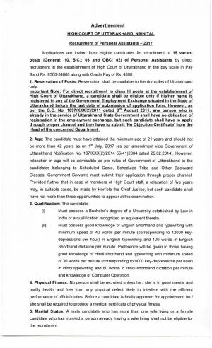 High Court of Uttrakhand recruitment 2017 for 15 Personal Assistant Posts