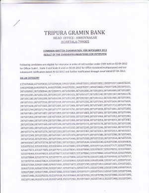 Tripura Gramin Bank Declared Interview List to the post of Officers Scale I, II, III and OA