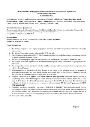 IGNTU Recruitment 2017, Apply for 3 Vacancies of Library Trainees Posts 