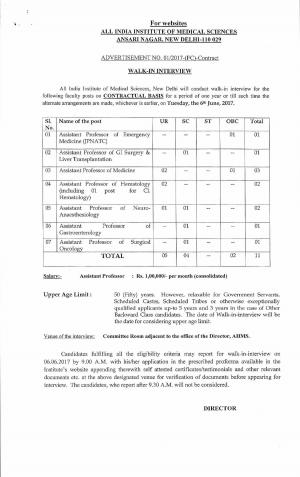 AIIMS, Delhi Recruitment 2017 for 11 Assistant Professor Posts
