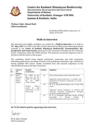 University of Kashmir Recruitment 2017 for 04 Junior Research Fellow Posts