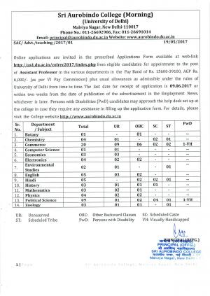 Aurobindo College (Morning) Recruitment 2017 for 67 Assistant Professor Posts