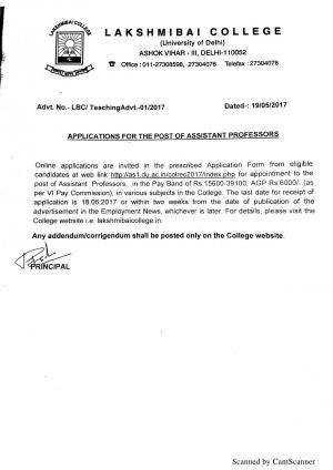Laxmibai College, Delhi Recruitment 2017 for 65 Assistant Professor Posts