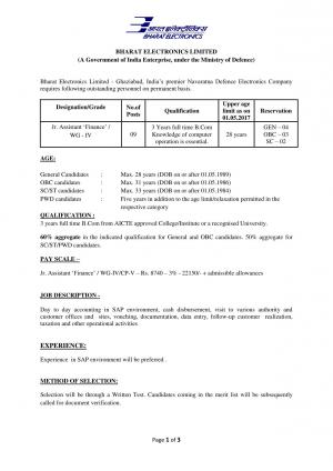 Bharat Electronics Limited, Ghaziabad Recruitment 2017 for 09 Posts of Junior Assistants (Finance