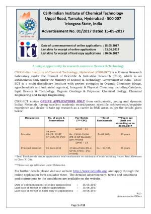 CSIR-IICT, Hyderabad Recruitment 2017 for 24 Scientist &Principal; Scientist Posts