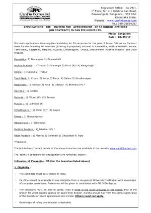 Can Fin Homes Limited Recruitment 2017 for 30 Posts of Junior Officers