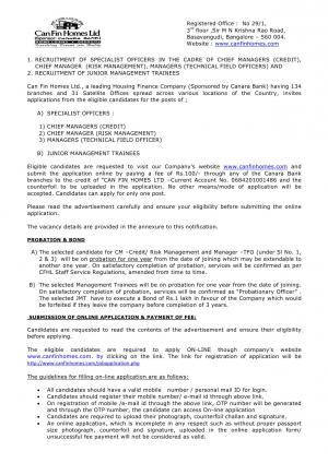 Can Fin Homes Limited Recruitment for 35 Posts of Specialist Officers & Junior Management Trainees