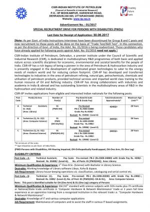CSIR-IIP, Dehradun Recruitment 2017 for 03 Posts of Technical Assistants & Technicians