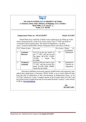 IWAI Recruitment 2017 for 10 Assistant Director & Technical Assistant Posts